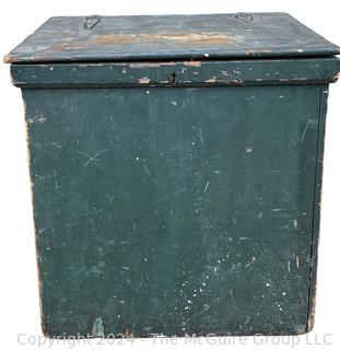 Primitive Green Painted Wood Trunk or Storage Box with Hinged Lid and Iron Fittings. 23" x 24" x 24".