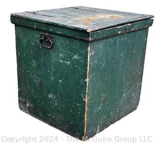 Primitive Green Painted Wood Trunk or Storage Box with Hinged Lid and Iron Fittings. 23" x 24" x 24".