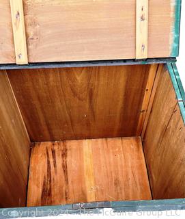 Primitive Green Painted Wood Trunk or Storage Box with Hinged Lid and Iron Fittings. 23" x 24" x 24".