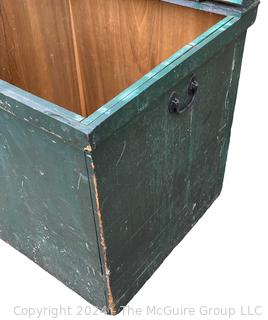 Primitive Green Painted Wood Trunk or Storage Box with Hinged Lid and Iron Fittings. 23" x 24" x 24".