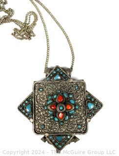 Tibetan Prayer Gau Box Pendant With Turquoise Coral. 
