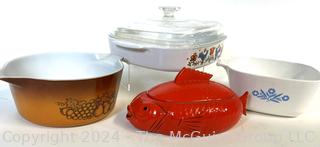 Casserole Cookware Including Pyrex Country Fair, Old Autumn,  Corning Ware Cornflower  and Czechoslovakia Fish Shaped Pot. 