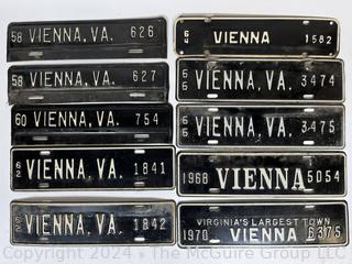 Ten (10) Black Enamel Painted Vienna Virginia Car License Plate, 1958-1970