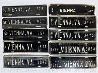 Ten (10) Black Enamel Painted Vienna Virginia Car License Plate, 1958-1970