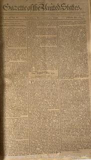 1790-91 Leather Bound Volume with Marbled Covers Containing 96 Issues of the "Gazette of United States" Published Wednesdays and Saturdays by John Fenno.  See Full Issue List Below. Beginning Wednesday, April 14th 1790 and Ending on Saturday, April 2nd 1791. Covers Measure 10 3/8" x 16 3/4".  Pages Measure 10" x 16"