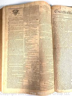 1790-91 Leather Bound Volume with Marbled Covers Containing 96 Issues of the "Gazette of United States" Published Wednesdays and Saturdays by John Fenno.  See Full Issue List Below. Beginning Wednesday, April 14th 1790 and Ending on Saturday, April 2nd 1791. Covers Measure 10 3/8" x 16 3/4".  Pages Measure 10" x 16"
