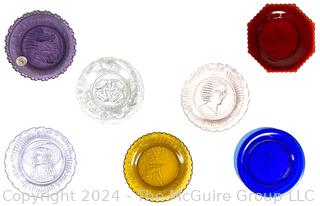 Seven (7) Art Glass Cup Plates, Various Makers Including Pairpoint, Westmoreland and EAPG.  3" diameter.