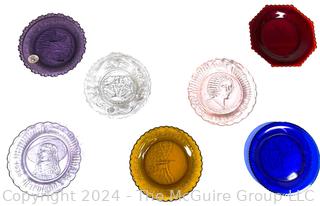 Seven (7) Art Glass Cup Plates, Various Makers Including Pairpoint, Westmoreland and EAPG.  3" diameter.