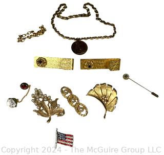 Group of Costume Brooches, Pins and Coin Pendant Necklace