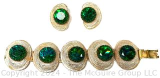 Mid Century Statement Green Rhinestone Textured Bracelet & Earring Set