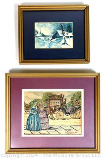 Framed Under Glass Watercolor of Winter Scene Signed by Artist D Austin, 1857 and Embroidered Fashion Scene, 1843