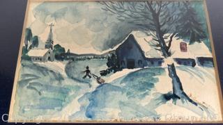 Framed Under Glass Watercolor of Winter Scene Signed by Artist D Austin, 1857 and Embroidered Fashion Scene, 1843