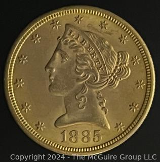 1885-S $5 Liberty Head Gold Coin {AUTOMATIC BILLING OF CREDIT CARDS ON FILE ARE DISABLED FOR THIS LOT.  PAYMENT MUST BE BY CERTIFIED FUNDS ONLY BEFORE OR AT REMOVAL}