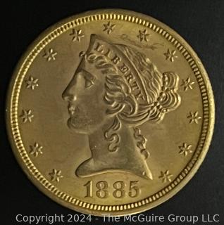 1885-S $5 Liberty Head Gold Coin {AUTOMATIC BILLING OF CREDIT CARDS ON FILE ARE DISABLED FOR THIS LOT.  PAYMENT MUST BE BY CERTIFIED FUNDS ONLY BEFORE OR AT REMOVAL}