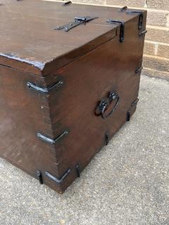 18th Century Korean Wooden Bandaji Money Trunk with Hand Forged Iron Fittings. 17" x 18" x 42".