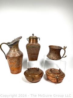 Middle Eastern Hammered Bas Relief Copper Ewers and Pots