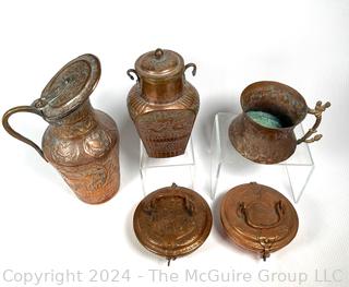 Middle Eastern Hammered Bas Relief Copper Ewers and Pots