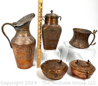 Middle Eastern Hammered Bas Relief Copper Ewers and Pots