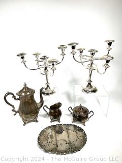 Silver Plated Tea Set and Two (3) Five Light Candelabras