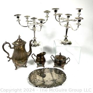 Silver Plated Tea Set and Two (3) Five Light Candelabras