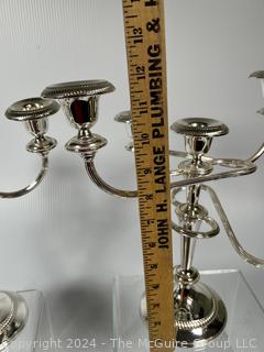 Silver Plated Tea Set and Two (3) Five Light Candelabras