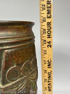 Antique Brass Hand Wrought Umbrella Stand with Relief.  Base is unattached.  9" diameter, 21" tall