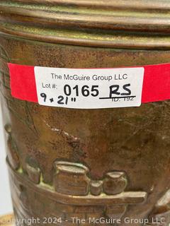 Antique Brass Hand Wrought Umbrella Stand with Relief.  Base is unattached.  9" diameter, 21" tall