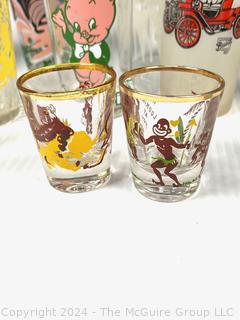 Mid Century Hazel Atlas Rooster Tumblers, Character Shot Glasses,  1979 Pepsi  & McDonalds  and Frosted Tumblers with Antique Cars