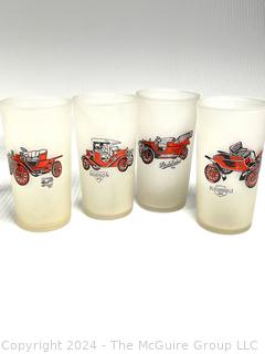 Mid Century Hazel Atlas Rooster Tumblers, Character Shot Glasses,  1979 Pepsi  & McDonalds  and Frosted Tumblers with Antique Cars