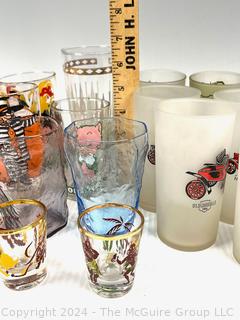 Mid Century Hazel Atlas Rooster Tumblers, Character Shot Glasses,  1979 Pepsi  & McDonalds  and Frosted Tumblers with Antique Cars