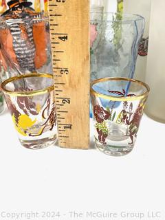 Mid Century Hazel Atlas Rooster Tumblers, Character Shot Glasses,  1979 Pepsi  & McDonalds  and Frosted Tumblers with Antique Cars