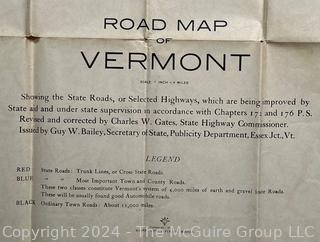 1912 Folding Road Map of Vermont. 27 x 43"