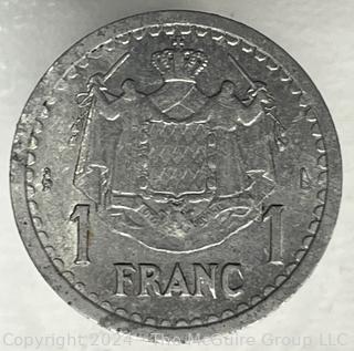 WWII 1943 (ND) Monaco 1 Franc Prince Louis II Aluminum Coin