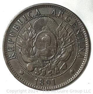 1891 República de Argentina Copper Dos Centavos 2 Cents Coin