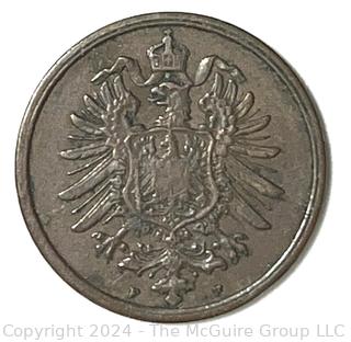 1874 F Germany Two Pfennig Coin Type 1 Large Shield Crowned Imperial Eagle