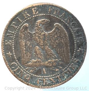 1854 A France French 5 Cinq Centimes Napoleon Eagle Coin 