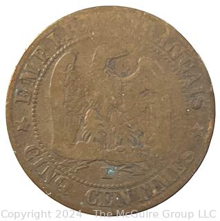 1862 BB Cinq Centimes Strasbourg Copper Coin Francais Napoleon III