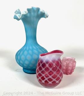 Three (3) Pieces of Fenton Art Glass Including Diamond Optic Ruffle and Quilted Vase