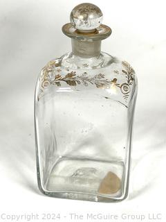 Group of Cut Crystal Pitcher, Clear Glass Bottles, Asian Enamel Ware and Porcelain Dog