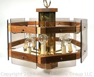 Mid-Century Modern Teak, Brass and Smoked Glass Swag Pendant Chandelier.  18" diameter
