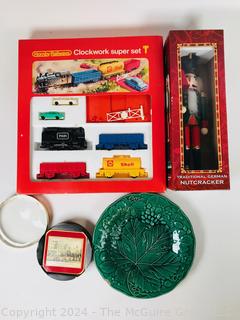 Group Including 1960s Hornby R.533 Clockwork Super Train, Nutcracker, Ceramic Plate and Box of Old London Coasters

