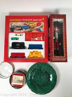 Group Including 1960s Hornby R.533 Clockwork Super Train, Nutcracker, Ceramic Plate and Box of Old London Coasters

