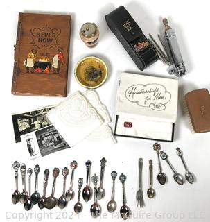 Collection of Souvenir Travel Spoons (Four Sterling), Cocktail Recipe Book, Torch Tool Kit and More