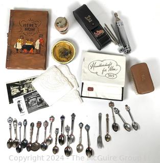 Collection of Souvenir Travel Spoons (Four Sterling), Cocktail Recipe Book, Torch Tool Kit and More