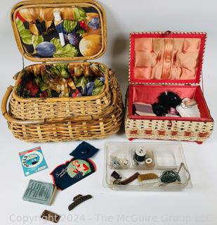 Two (2) Wicker Sewing Baskets and Contents