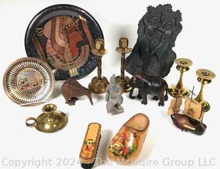 Collection of Souvenir Travel Items Including Brass Candlesticks