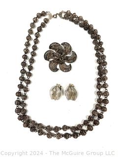 Pierced Filigree Bead Necklace with Matching Earrings and Brooch.