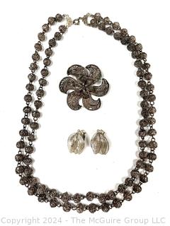 Pierced Filigree Bead Necklace with Matching Earrings and Brooch.