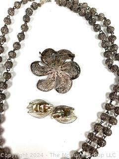 Pierced Filigree Bead Necklace with Matching Earrings and Brooch.