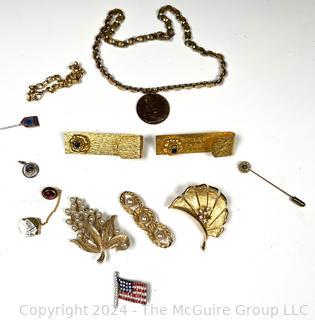 Group of Costume Brooches, Pins and Coin Pendant Necklace